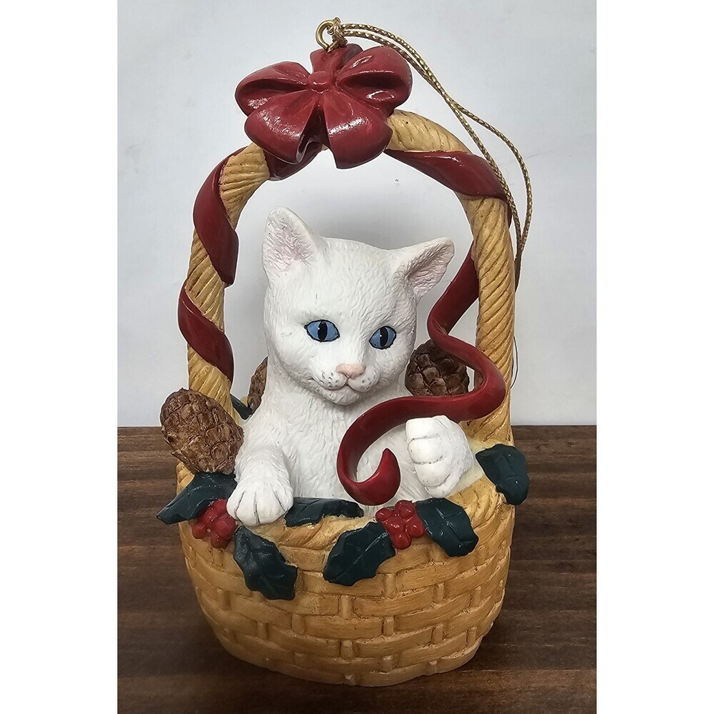 Vtg Lenox Basket Of Cheer Tree Ornament Shelf Sitter White Cat Red Ribbon 4.5"